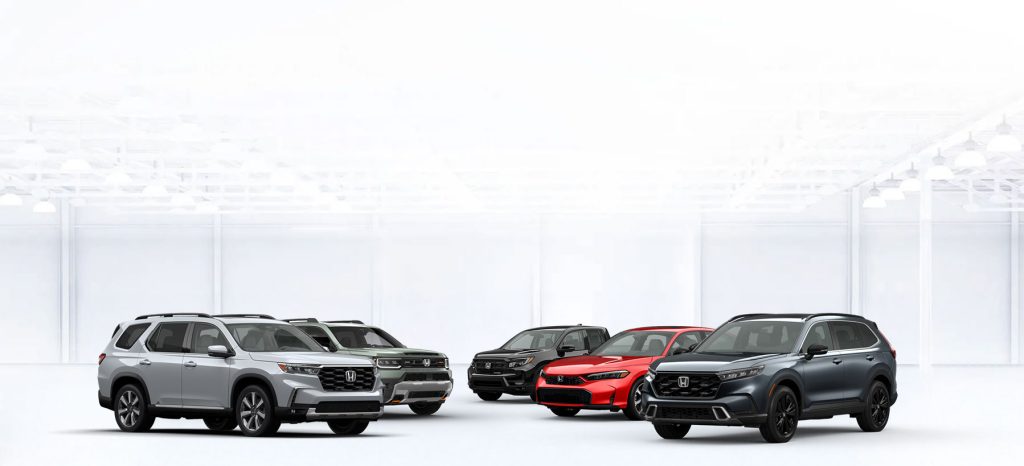 Honda model lineup showcasing a range of SUVs and a sporty sedan in a bright showroom, highlighting versatility, performance, and modern design across the Honda vehicle range.