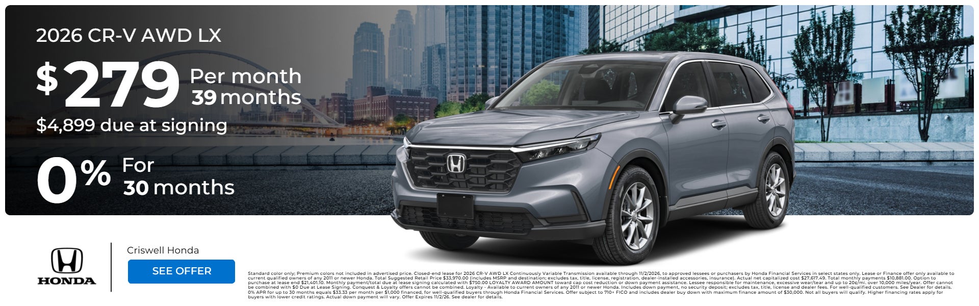 2026 CR-V AWD LX $279/Mo for 39 months with $4,899 due at si