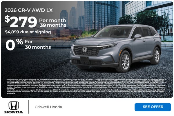 2026 CR-V AWD LX $279/Mo for 39 months with $4,899 due at si