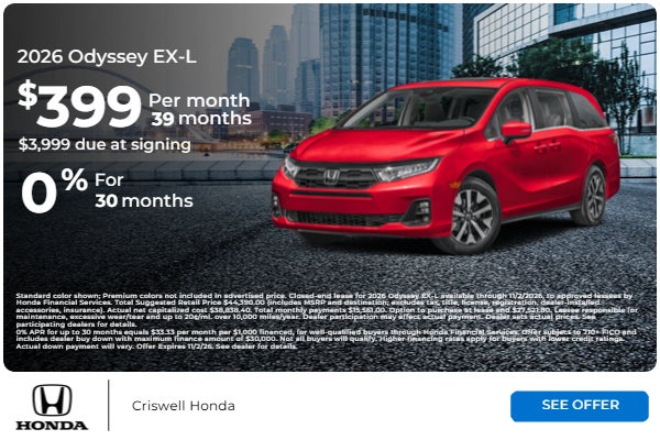 2026 Odyssey EX-L $399/ Mo for 39 months with $3,999 due at 