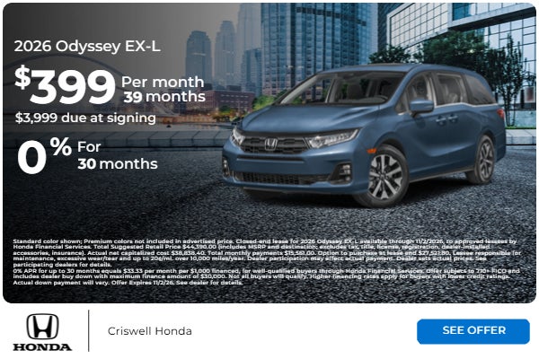 2026 Odyssey EX-L $399/ Mo for 39 months with $3,999 due at 