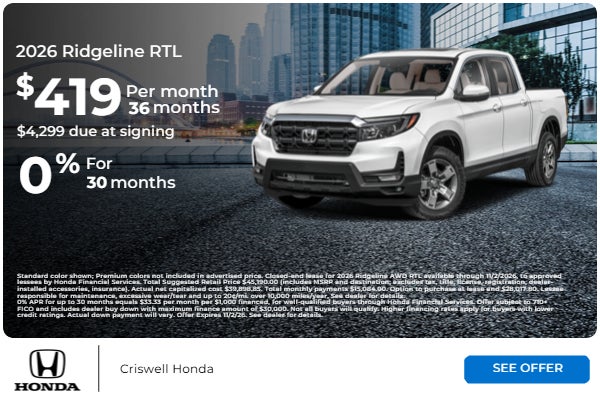 2026 Ridgeline RTL $419/mo for 36 months with $4,299 due at 